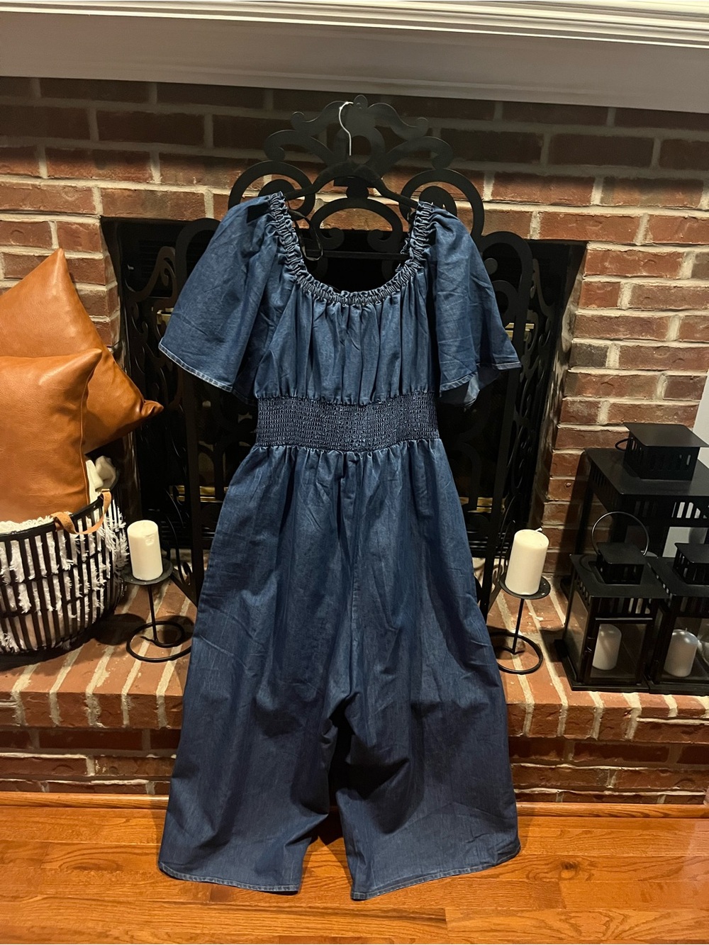 Blush Blue Puff-Sleeve Smocked Wide-Leg Jumpsuit Size:2X - Picture 9 of 15